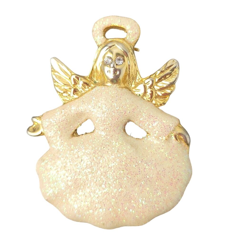 Gold-Tone Angel Brooch with Glitter Iridescent Finish, 1.6" x 1.26" Vintage